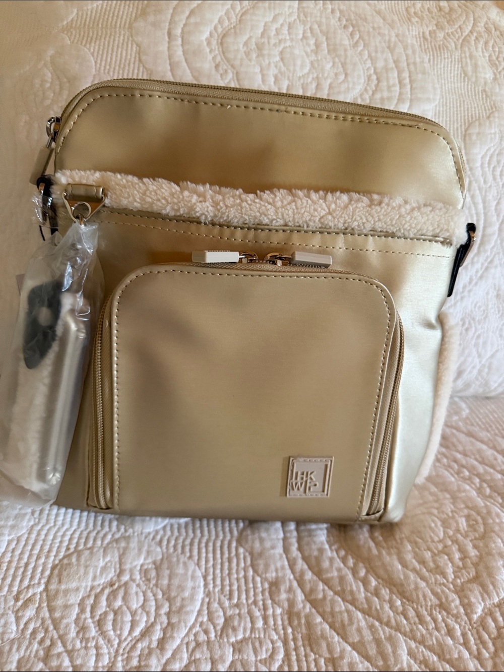 Gold Crossbody Bag with Shearling Trim
